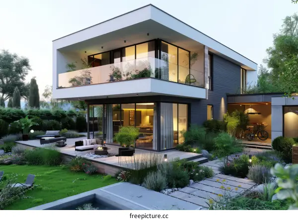 Modern Two-Story House with Large Glass Windows and a Serene Garden