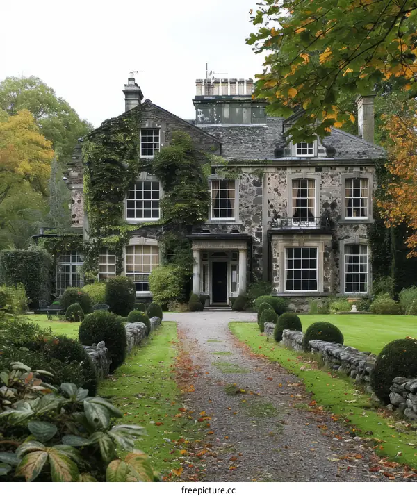 Large Country House with Trees in Autumn