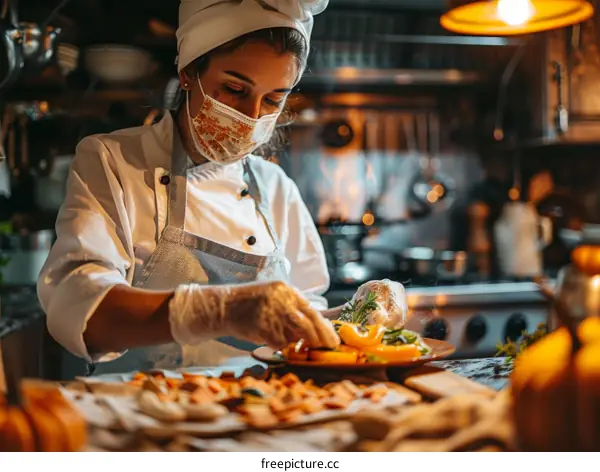 Young female chef carefully plating food in commercial kitchen
