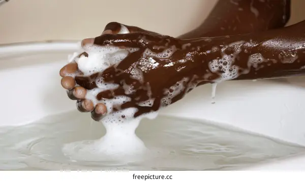 A person of African descent washing their hands with soap and water