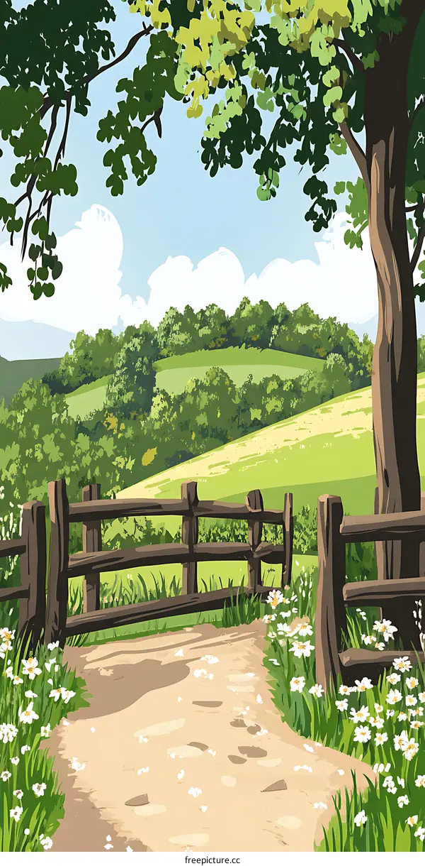 Countryside Landscape with Path and Wooden Fence