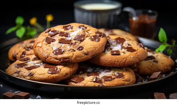 Close-up of a plate of chocolate chip cookies