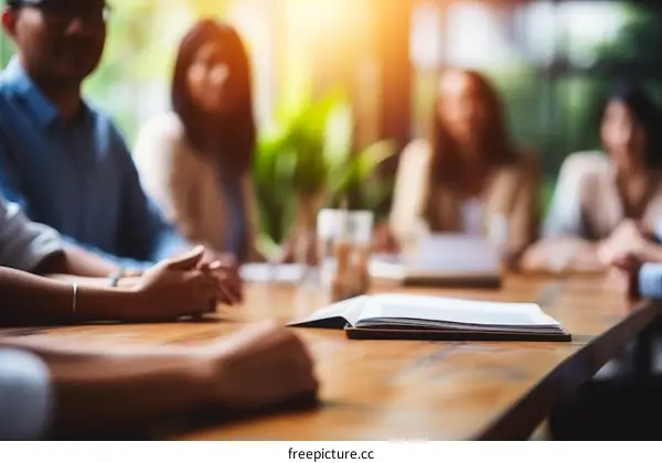 A group of people are sitting around a table having a meeting