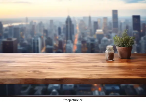 Minimalist Wooden Table with Potted Plant and Jar, Cityscape Background