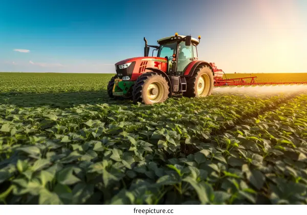 Tractor spraying pesticides on soybean field