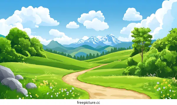Green Meadow Landscape With Mountain View