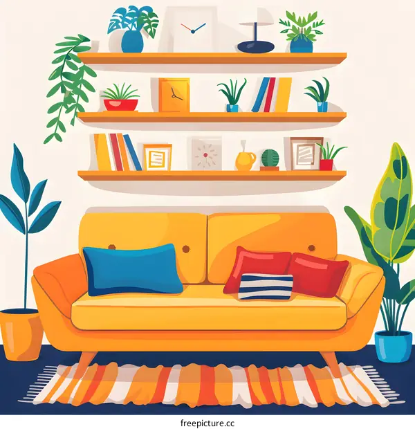 Living Room Interior Design With Yellow Sofa And Plants