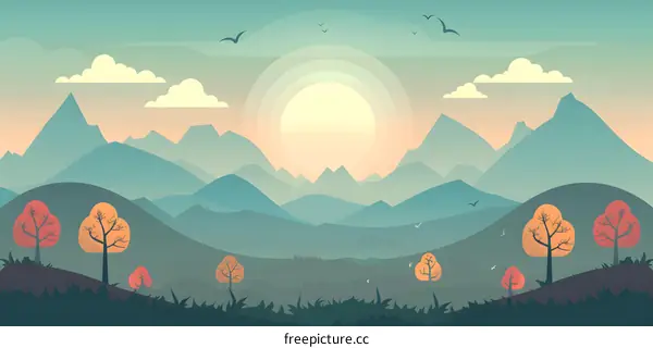 Mountain Landscape Illustration with Sunset and Trees