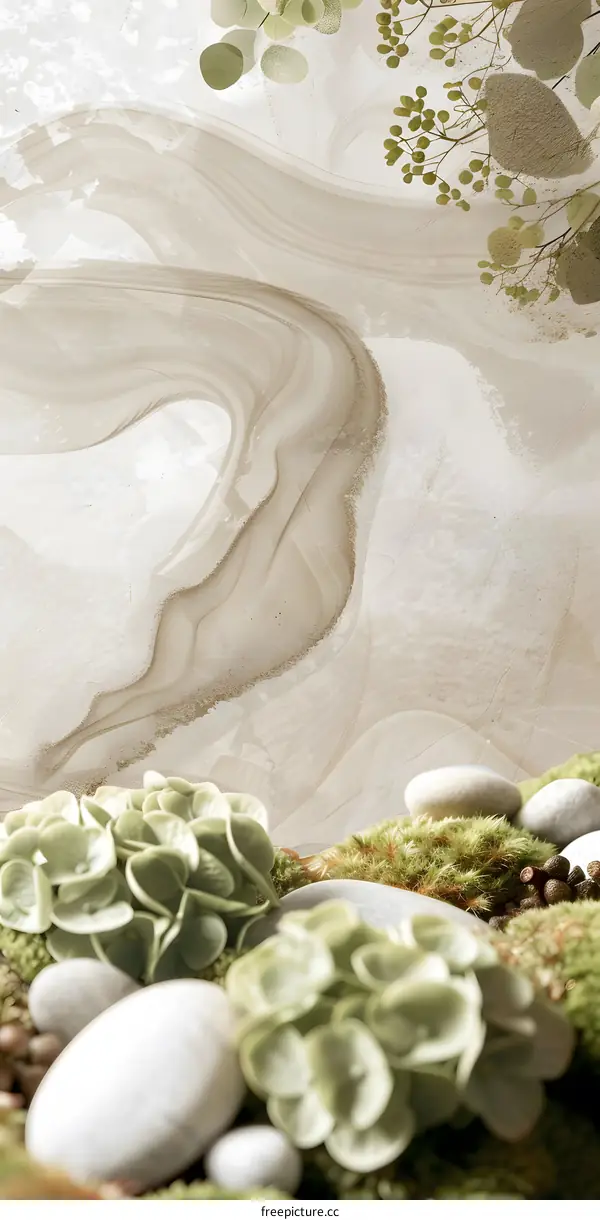 Abstract Art with Green Plants and Stones