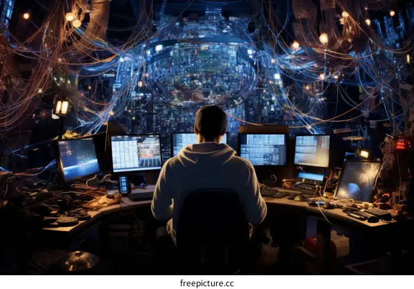 Hacker in the Shadows: A Dark Room Filled with Technology