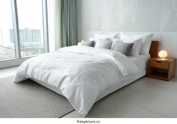 Modern Bedroom with White Bedding and City View
