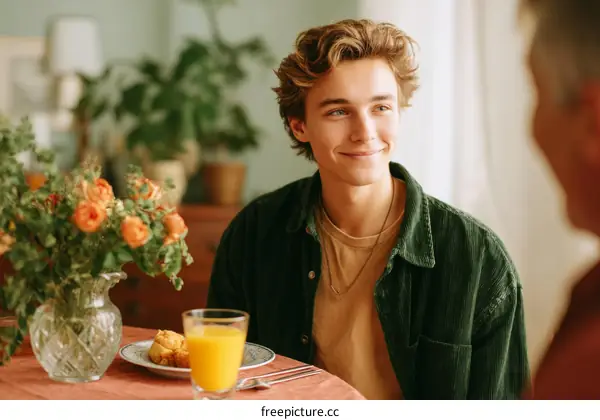 Young Man Enjoying a Meal with Family