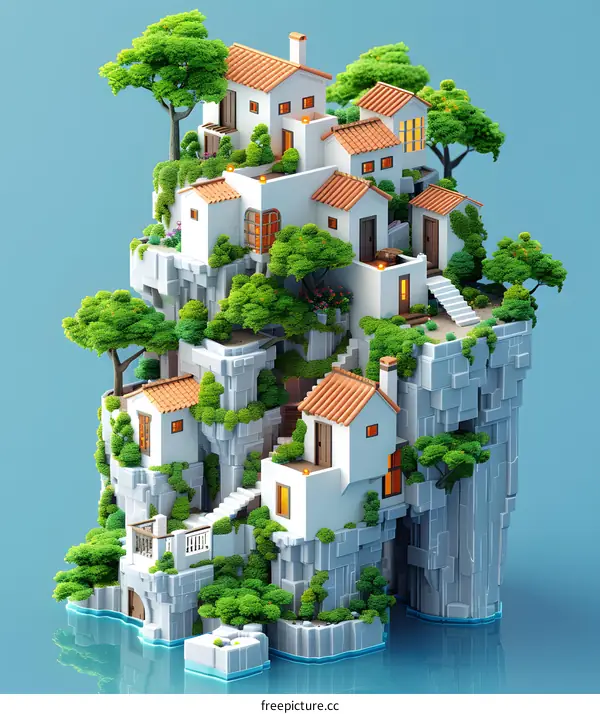 3D Illustration of a Small Village Built on a Cliff