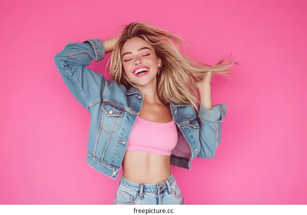 Stylish Woman in Denim Jacket against Pink Background