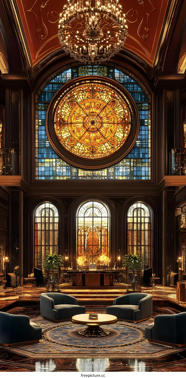Ornate Interior With Large Stained Glass Window