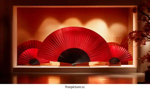 Red Paper Fans Displayed in a Showcase