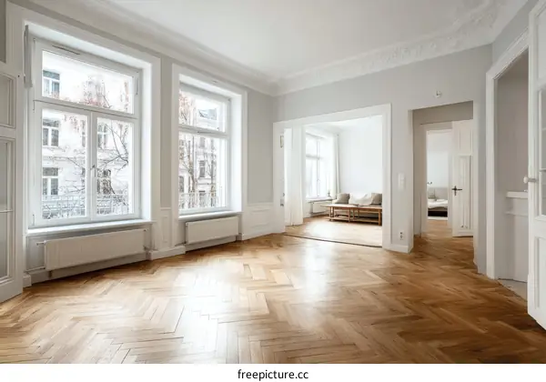 Elegant European Style Interior with Herringbone Flooring