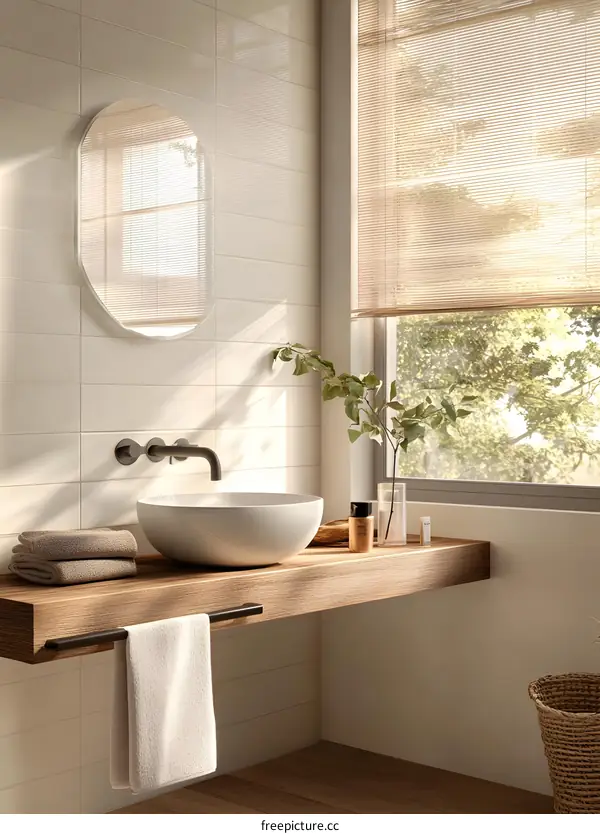 Modern Bathroom Interior Design with Wooden Vanity and Oval Mirror