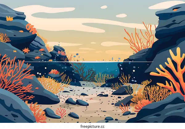 Colorful Underwater Scene with Coral Reefs and Rocks