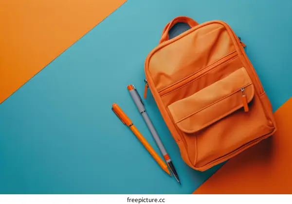 School Backpack with Pens on Two-Tone Background