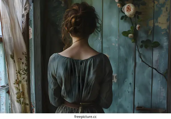 A woman standing in front of a blue wooden door