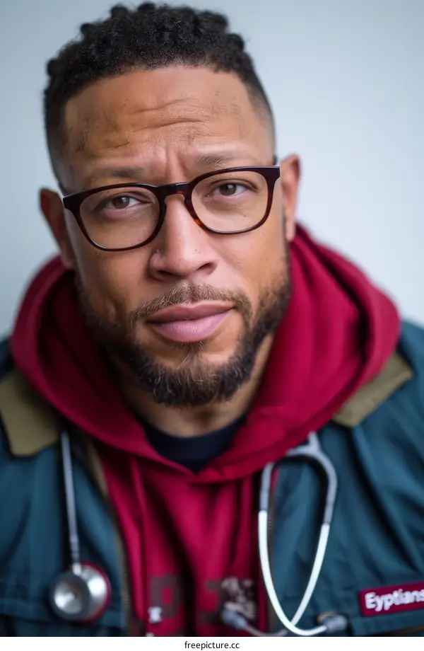 Portrait of a young African-American male doctor wearing a stethoscope and a red hoodie.