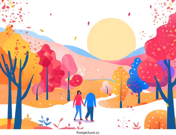 Autumn Couple Walking In Forest Illustration
