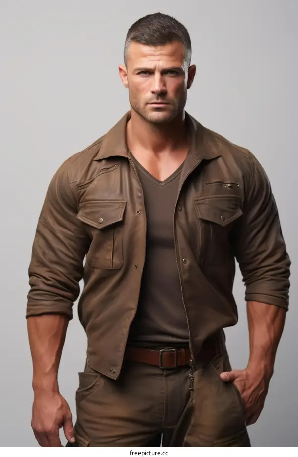 Handsome Man in Brown Leather Jacket on Gray