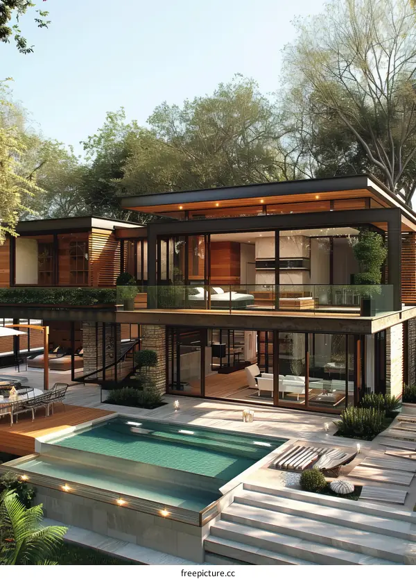 Modern House with Swimming Pool and Lush Greenery