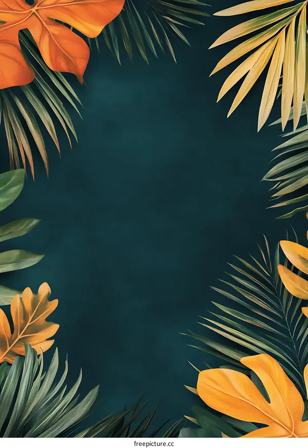 Tropical Leaf Border on Dark Blue Background