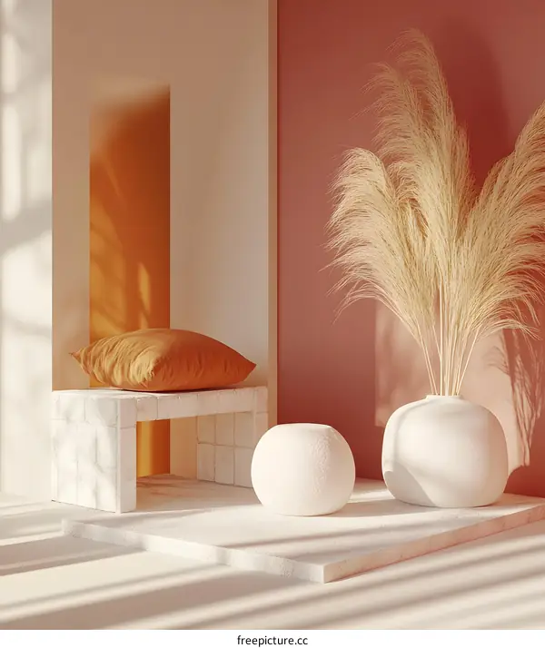 Minimalist Interior Design with White Vases and Pampas Grass