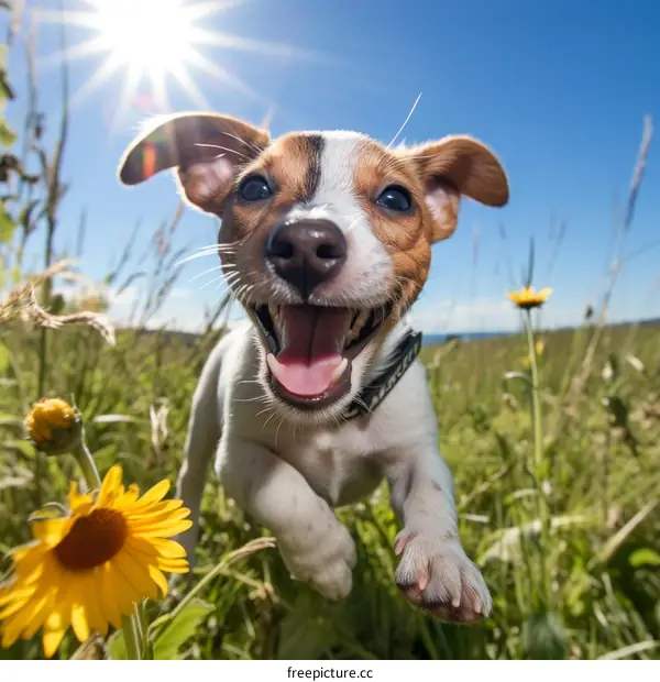 A happy dog running in a field of flowers