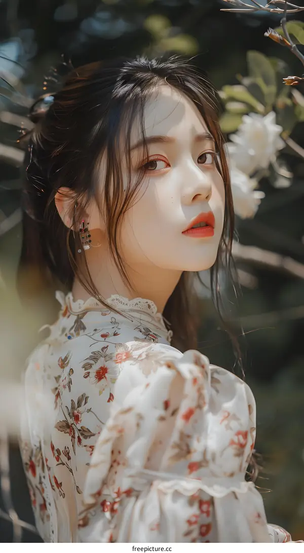 Portrait of a Young Asian Woman Wearing a Floral Dress