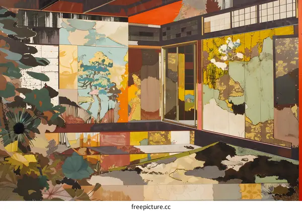Collage Artwork of a Japanese House with a Green Garden