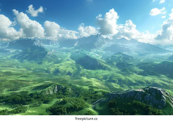 Fantasy Landscape: Rolling Green Hills and Distant Mountains