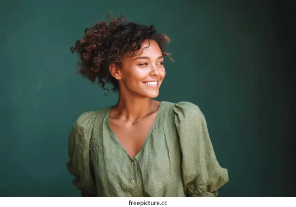 Smiling Woman in a Green Dress