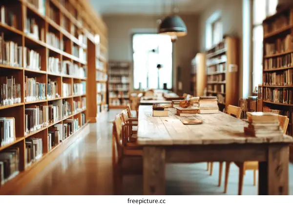Spacious Library Interior with Bookshelves and Tables