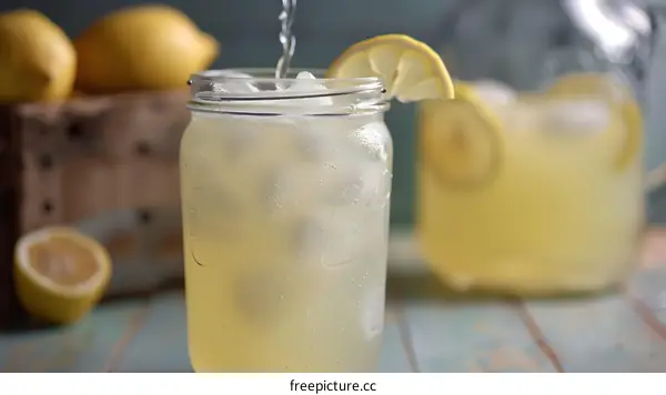 Closeup Of A Glass Of Lemonade With Ice And Lemon Slices