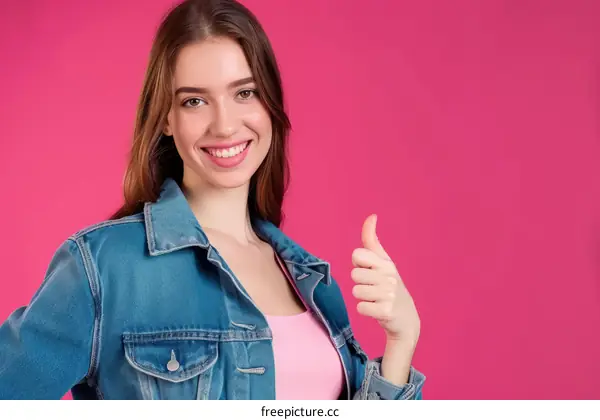 Smiling young woman in denim jacket giving thumbs up