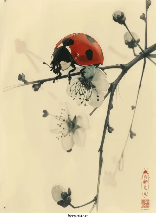 A red ladybug on a branch with pink and white wildflowers