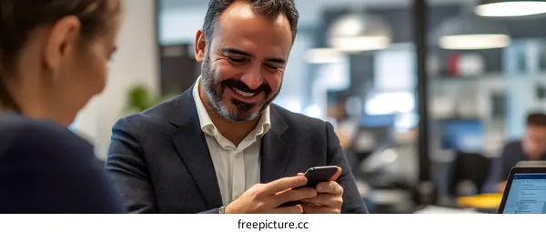 Smiling Businessman Using Mobile Phone in Office