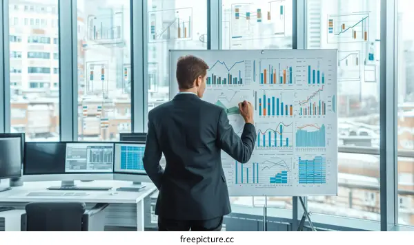 Businessman analyzing graphs and charts on whiteboard during presentation