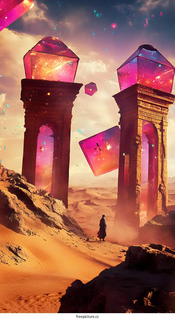 A lone traveler walks through a desert landscape with glowing crystal pillars
