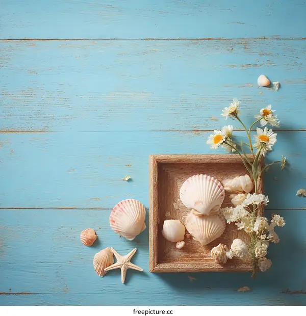 Summer Seashells and Flowers on a Wooden Tray