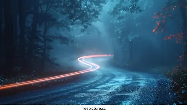 Car light trails on a foggy road at night
