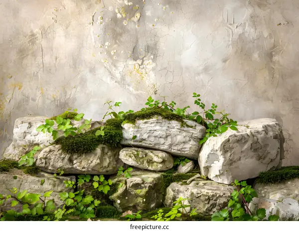 Green Moss Growing on Old Stone Wall