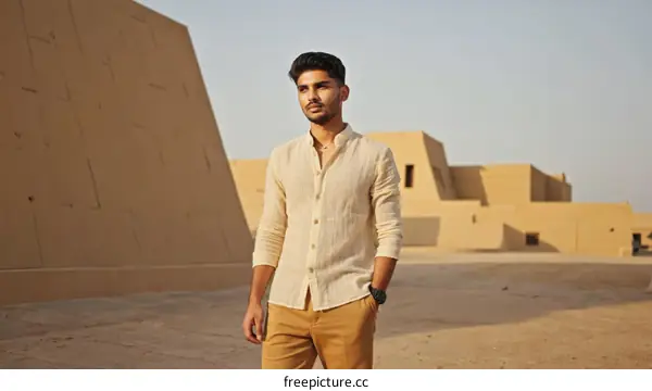 Stylish Man in Beige Linen Shirt in a Desert Setting
