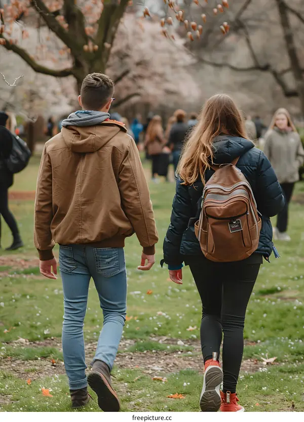 Couple Walking Through Park With Cherry Blossoms