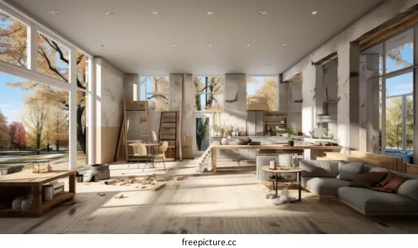 unfinished home interior with large windows