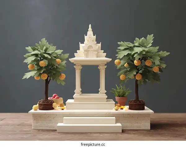 Miniature Thai Shrine with Decorative Trees